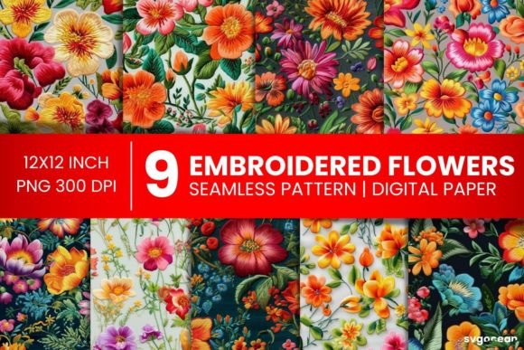 Embroidery Flowers Digital Paper Bundle